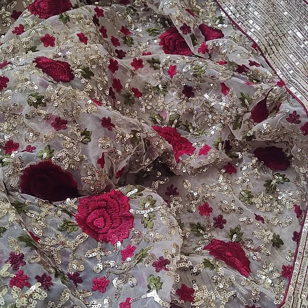 DESIGNER Rose Sequinned Net half and half Saree w/ blouse - Picture 11 of 13